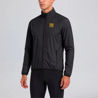 Front view of a model wearing the black men's lightweight windproof cycling jacket.