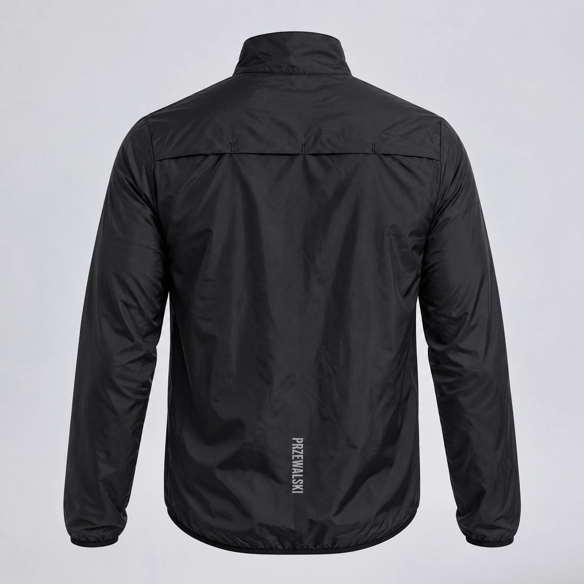 Back view of the black men's lightweight windproof cycling jacket with reflective detail.