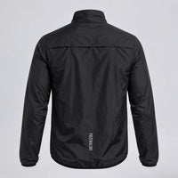 Back view of the black men's lightweight windproof cycling jacket with reflective detail.