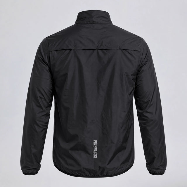Back view of the black men's lightweight windproof cycling jacket with reflective detail.