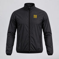 Front view of the black men's lightweight windproof cycling jacket.