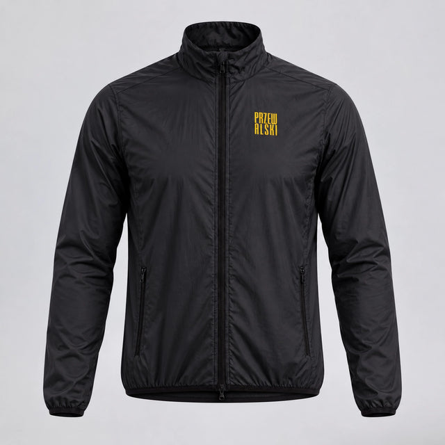 Front view of the black men's lightweight windproof cycling jacket.