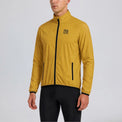 Front view of a model wearing the orange men's lightweight windproof cycling jacket.