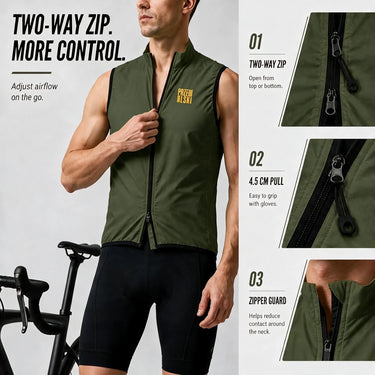 Men's windproof cycling vest with adjustable two-way front zipper
