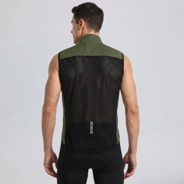 Back view of a model wearing an army green men's windproof cycling vest with a breathable mesh panel.