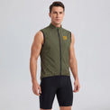 Front three-quarter view of a model wearing an army green men's windproof cycling vest.