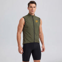 Front three-quarter view of a model wearing an army green men's windproof cycling vest.