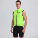 Front view of a model wearing a bright green men's windproof cycling vest.