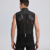 Back view of a model wearing a black men's windproof cycling vest with a breathable mesh panel.