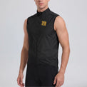 Front close-up of a model wearing a black men's windproof cycling vest.