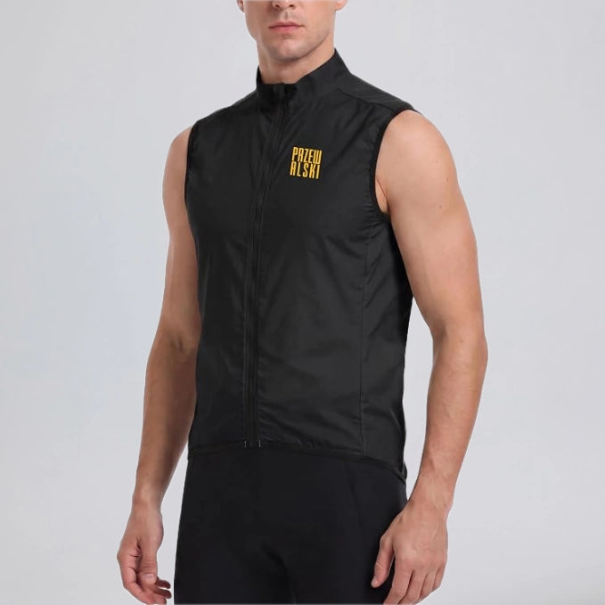 Front close-up of a model wearing a black men's windproof cycling vest.