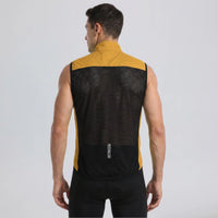 Back view of a model wearing an orange men's windproof cycling vest with a breathable mesh panel.