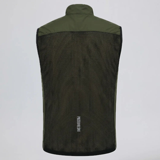 Back view of Przewalski men’s olive green cycling vest with large breathable mesh panel