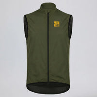 Przewalski men’s olive green windproof cycling vest, front view with full zipper and high collar