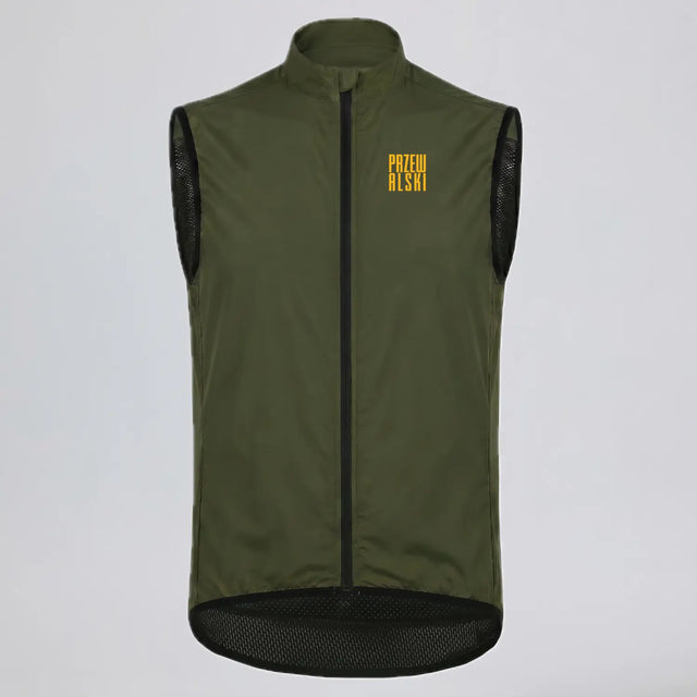 Przewalski men’s olive green windproof cycling vest, front view with full zipper and high collar