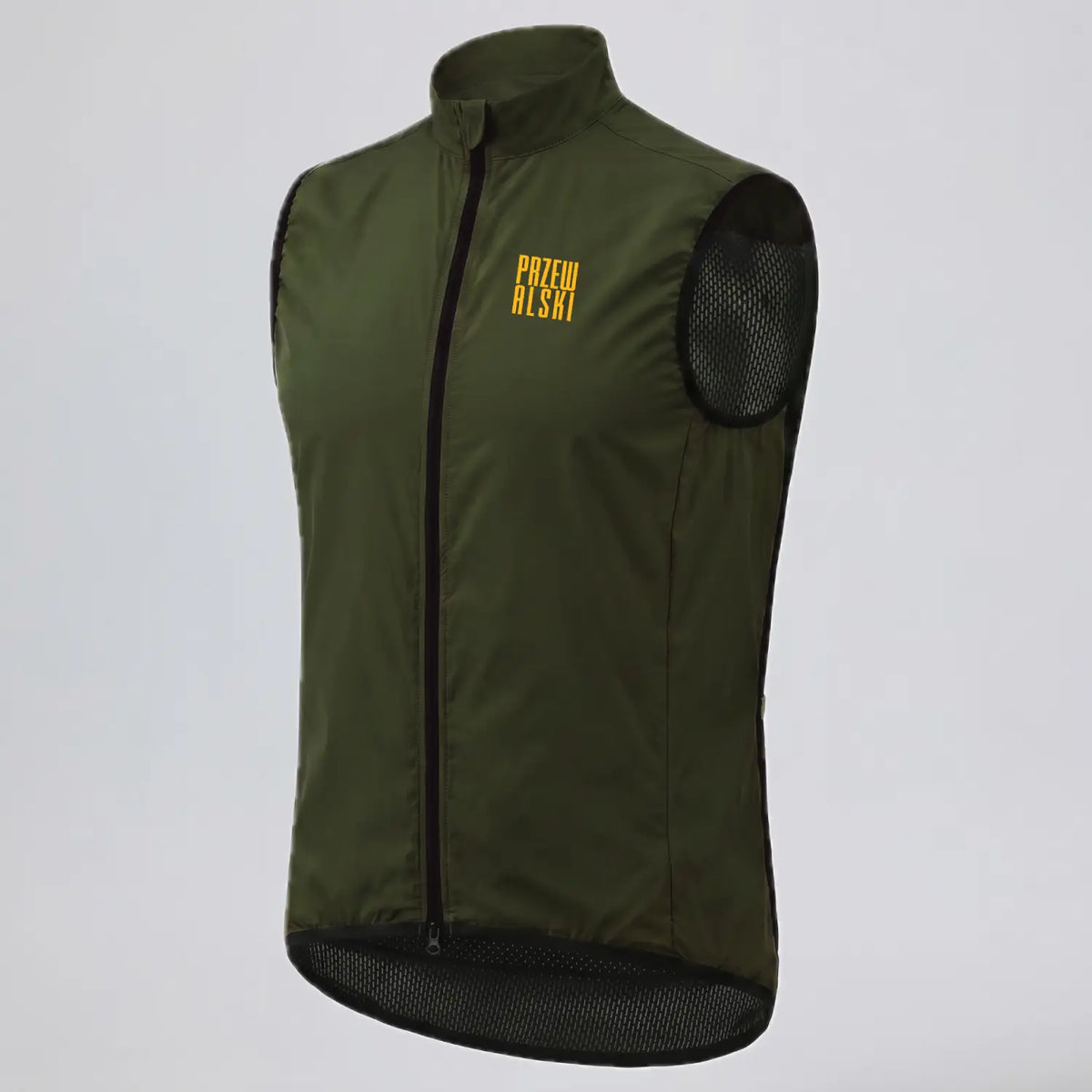 Angled front view of Przewalski men’s olive green windproof cycling vest with mesh back