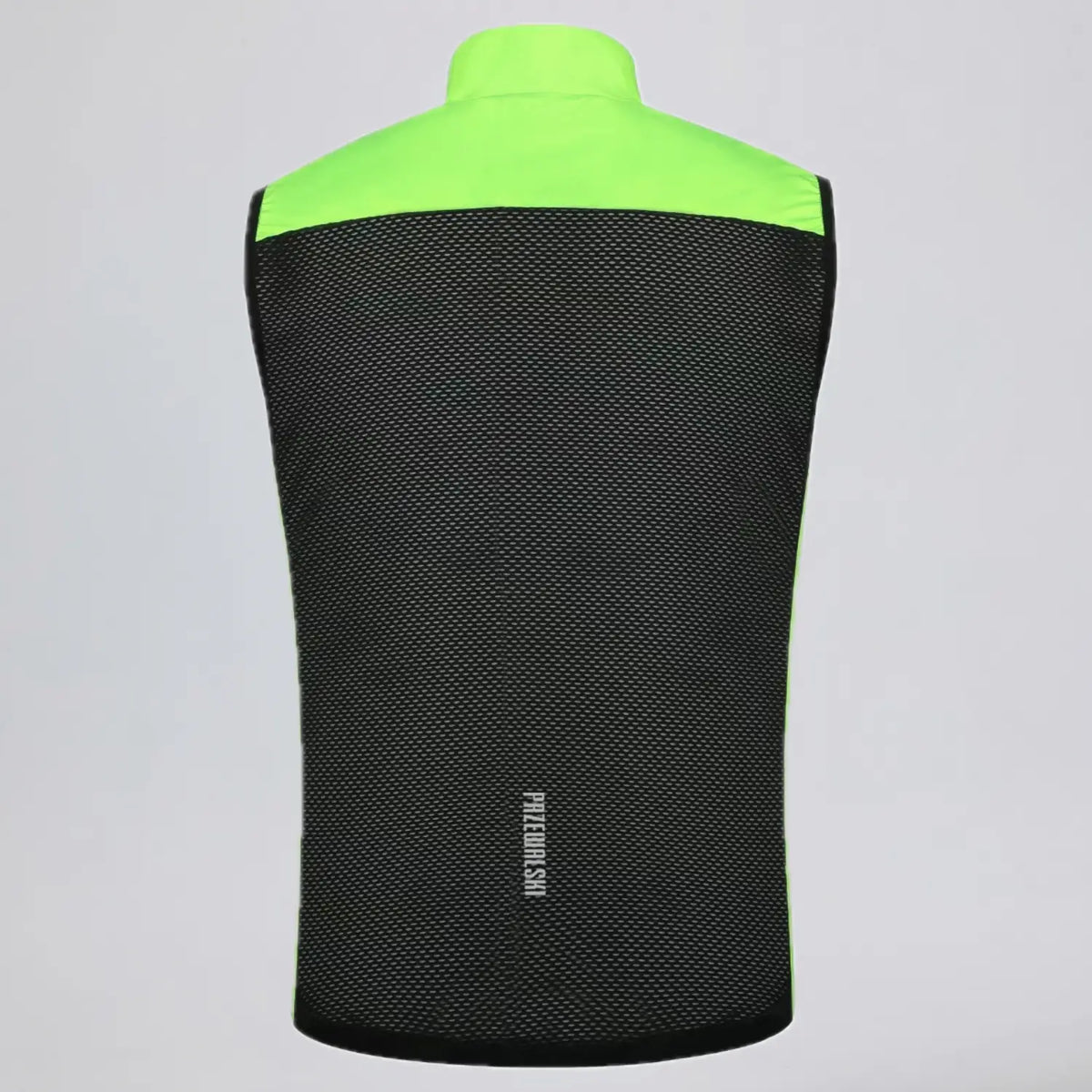 Back view of Przewalski men’s neon green cycling vest with full breathable black mesh panel