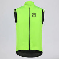 Przewalski men’s neon green windproof cycling vest, front view with full zipper and mesh back