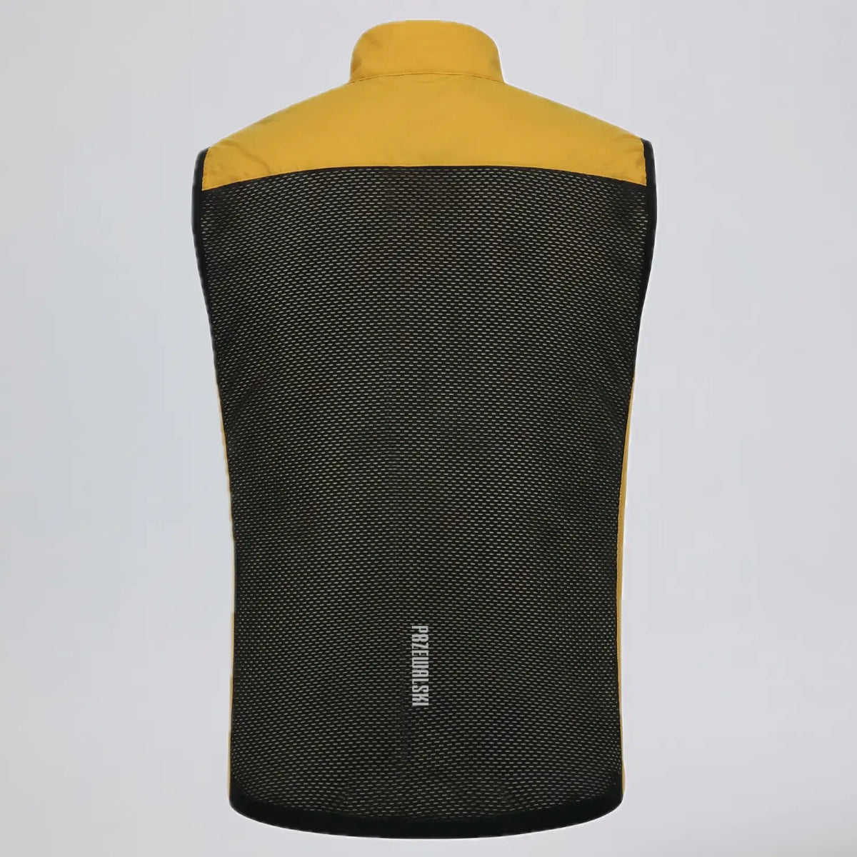 Back view of Przewalski men’s yellow cycling vest with full black breathable mesh panel