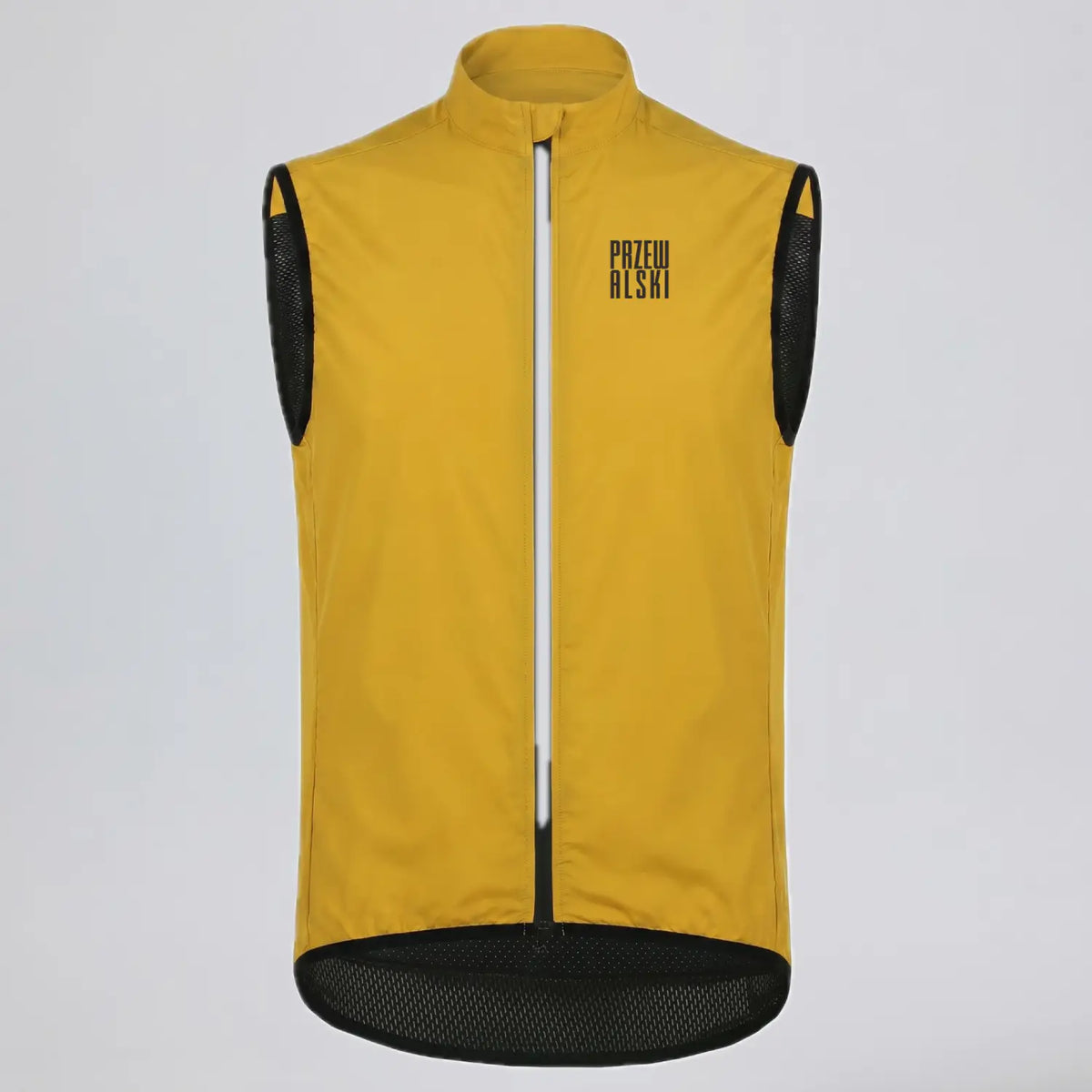 Przewalski men’s yellow windproof cycling vest, front view with full zipper and high collar