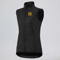 Front three-quarter view of a black women's windproof cycling vest with rear pocket.