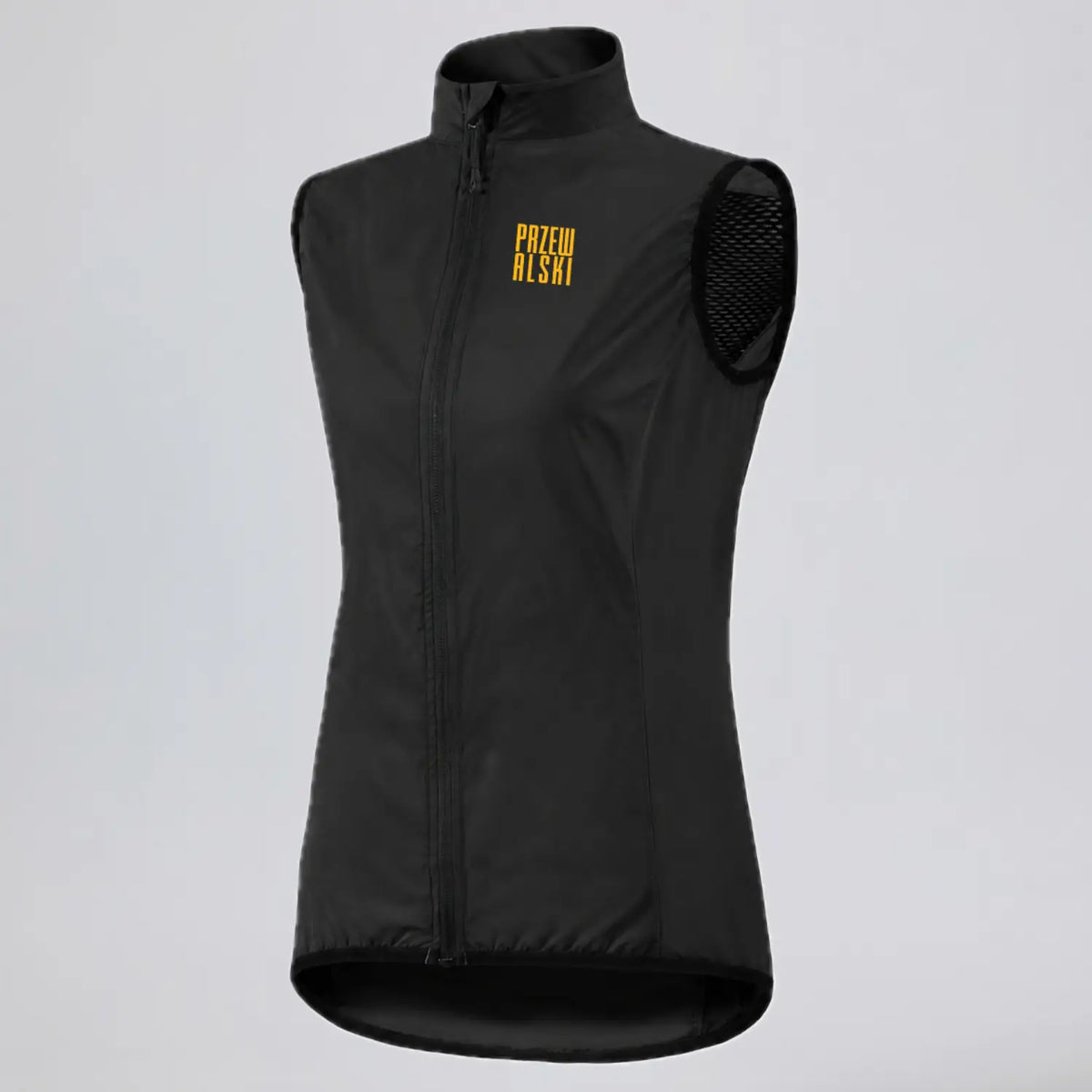 Front three-quarter view of a black women's windproof cycling vest with rear pocket.