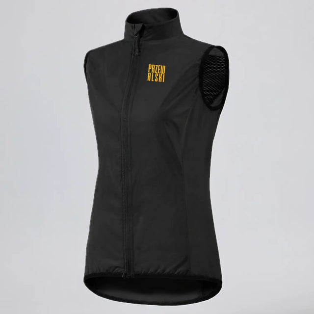 Front three-quarter view of a black women's windproof cycling vest with rear pocket.