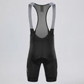 Back view of black men's off-road bib shorts with gray mesh straps.