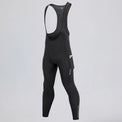 Front three-quarter view of black men's winter thermal road cycling bib tights with a side pocket.
