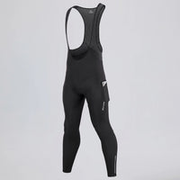 Front three-quarter view of black men's winter thermal road cycling bib tights with a side pocket.