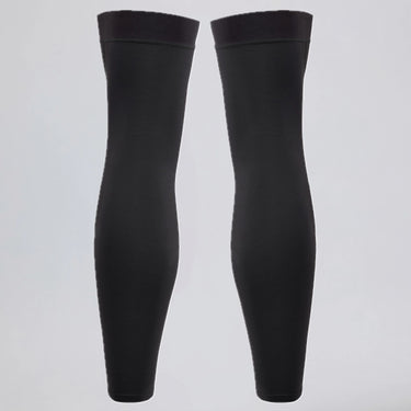 Back view of a pair of black winter cycling leg warmers.