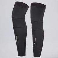 Front view of a pair of black winter cycling leg warmers.