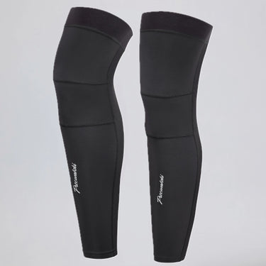 Front view of a pair of black winter cycling leg warmers.