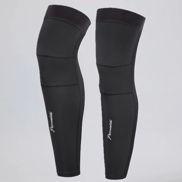 Front view of a pair of black winter cycling leg warmers.