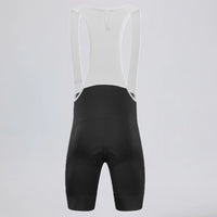 Back view of black men's MTB endurance bib shorts with white mesh straps.