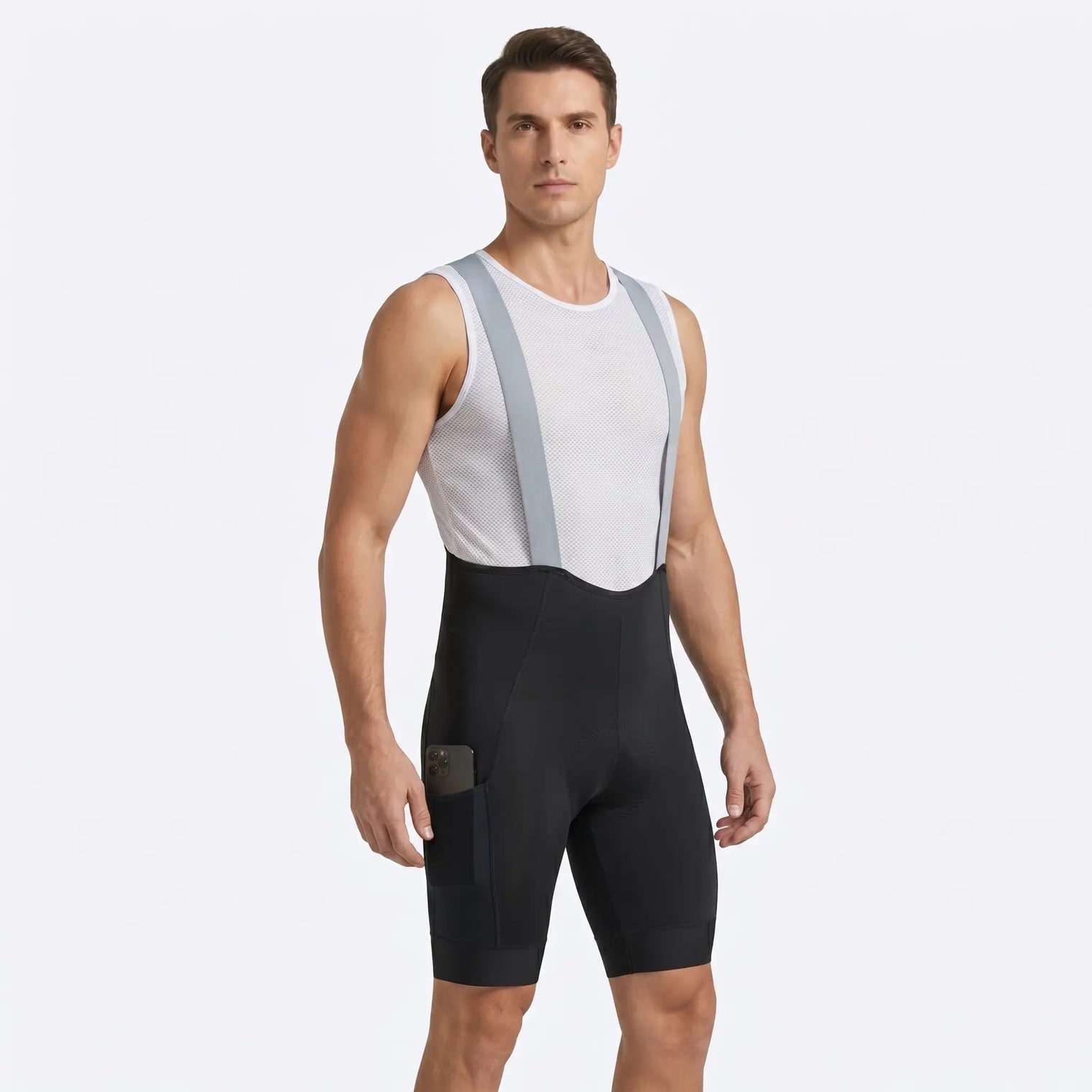 Men’s long distance cycling bib shorts angled front view with side pocket and ergonomic compression fit