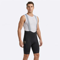 Men’s long distance cycling bib shorts angled front view with side pocket and ergonomic compression fit