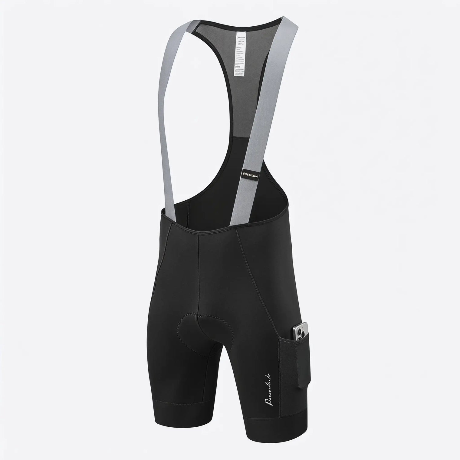 Men’s long distance cycling bib shorts showing mesh back, straps, and side pocket design