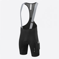Men’s long distance cycling bib shorts showing mesh back, straps, and side pocket design