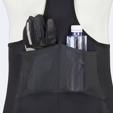 Men’s long distance cycling bib shorts showing rear mesh pocket storing gloves and water bottle