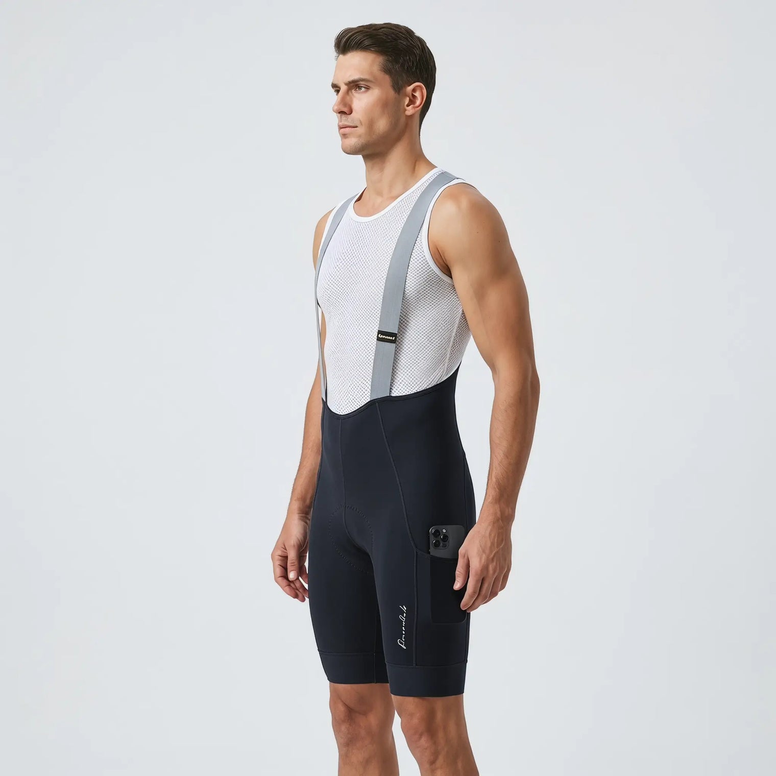Men’s long distance cycling bib shorts side view showing leg pocket, straps, and ergonomic compression fit