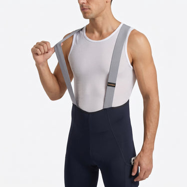 Men’s long distance cycling bib shorts showing elastic straps, breathable mesh, and secure fit design