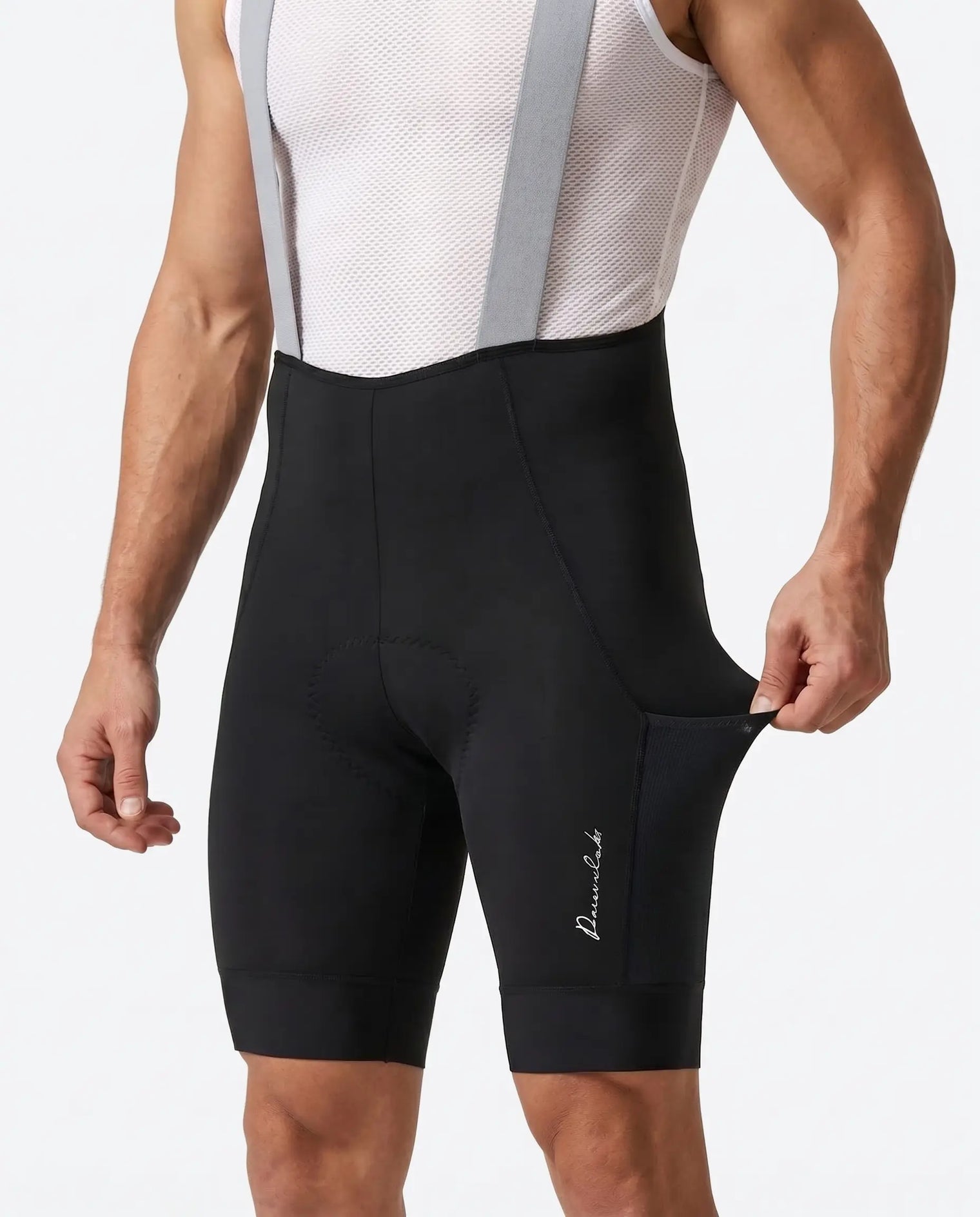 Men’s long distance cycling bib shorts showing fabric stretch, compression fit, and ergonomic support design