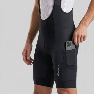 Men’s MTB Racing Bib Shorts PRO showing side pocket storing phone, secure fit, and compression fabric