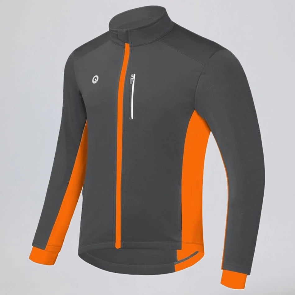 Front three-quarter view of an orange and gray men's winter cycling jacket.