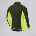 Back three-quarter view of an army green men's winter cycling jacket with reflective strip.