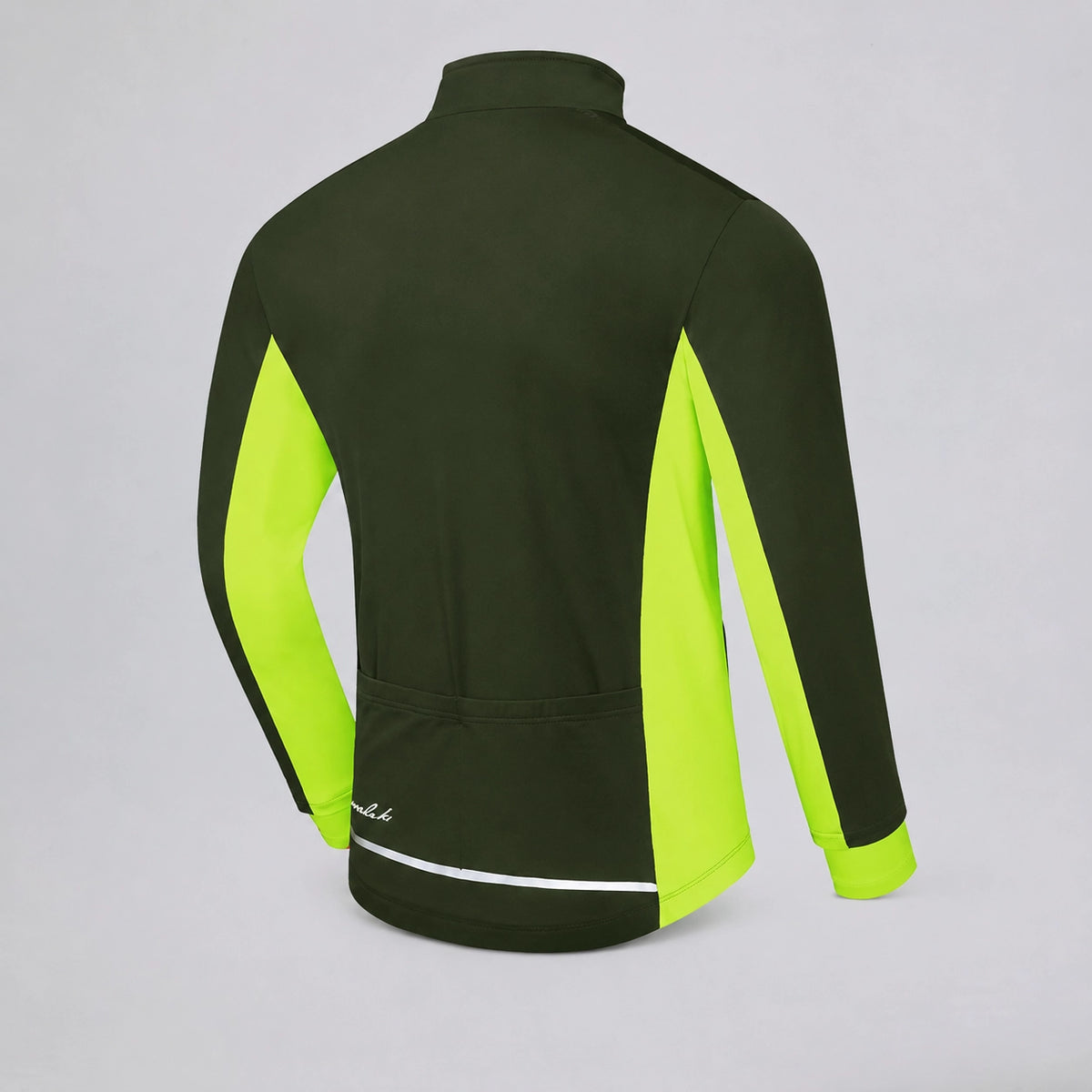 Back three-quarter view of an army green men's winter cycling jacket with reflective strip.