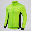 Front three-quarter view of an army green men's winter cycling jacket.