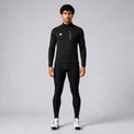 Front view of a model wearing a black men's winter cycling jacket.