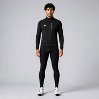 Front view of a model wearing a black men's winter cycling jacket.